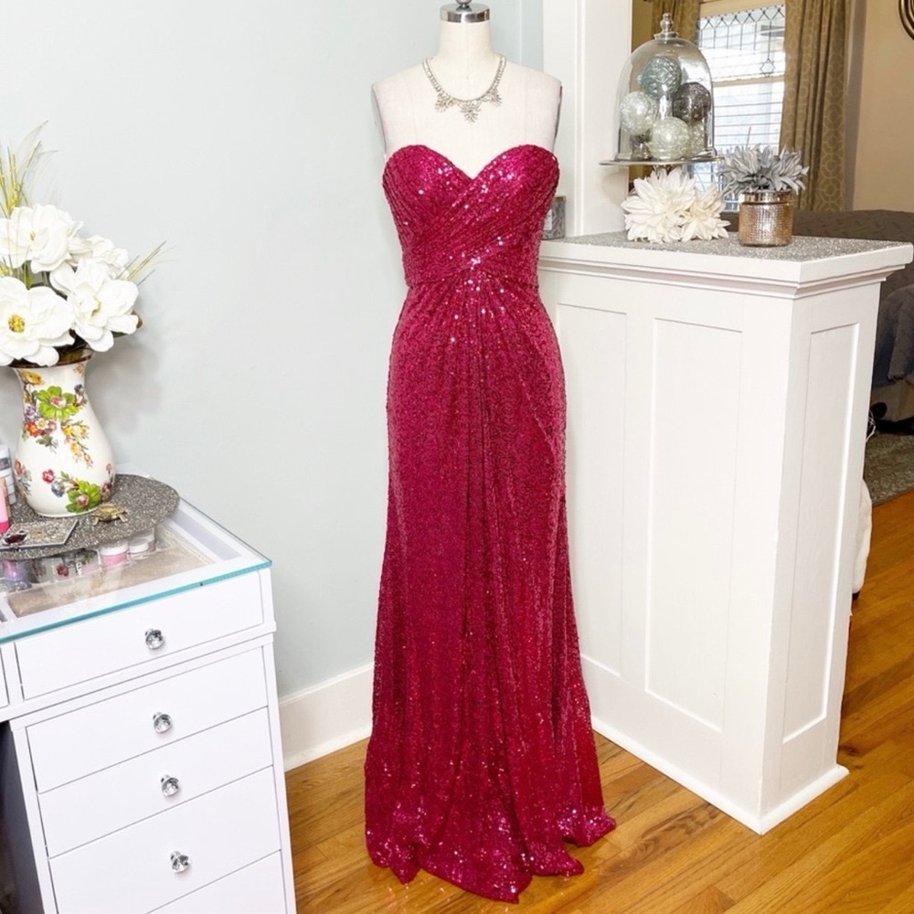 La Femme Red Sequin Strapless Formal Dress Prom Evening Gown Mermaid Size 4 - Picture 2 of 12
